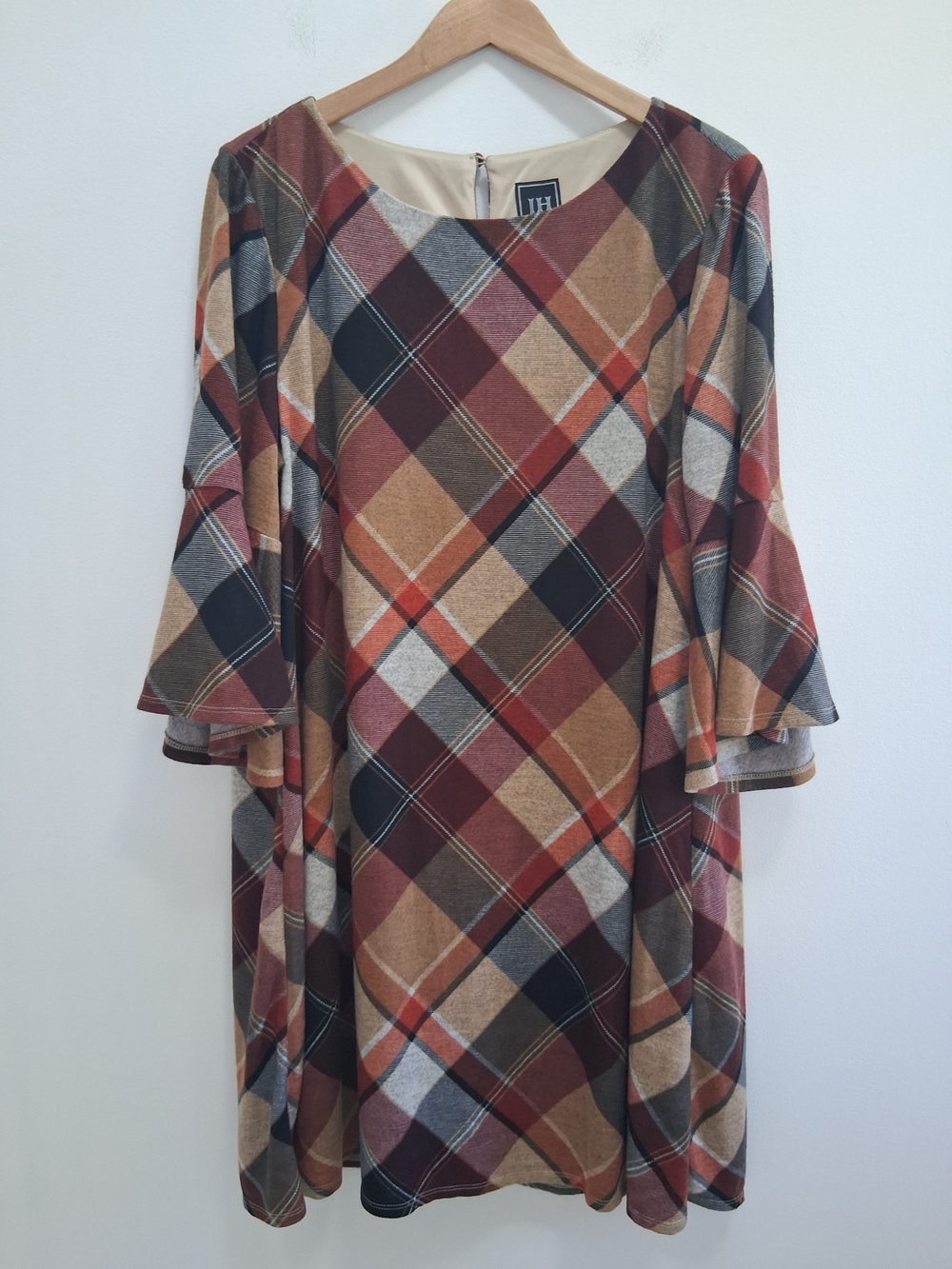 Jessica Howard Women's Plus Size  Bell Sleeve Plaid A-Line Dress - Rust Tan XXL